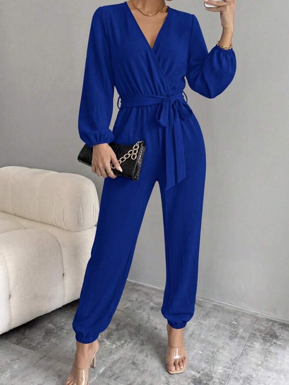 Elegant Royal Blue  Wrap Jumpsuit with Tie Waist